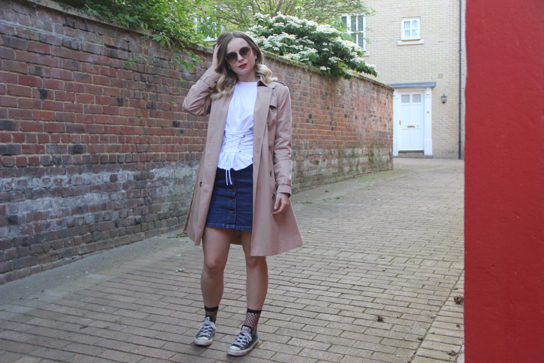 Trench coat and white tee outfit
