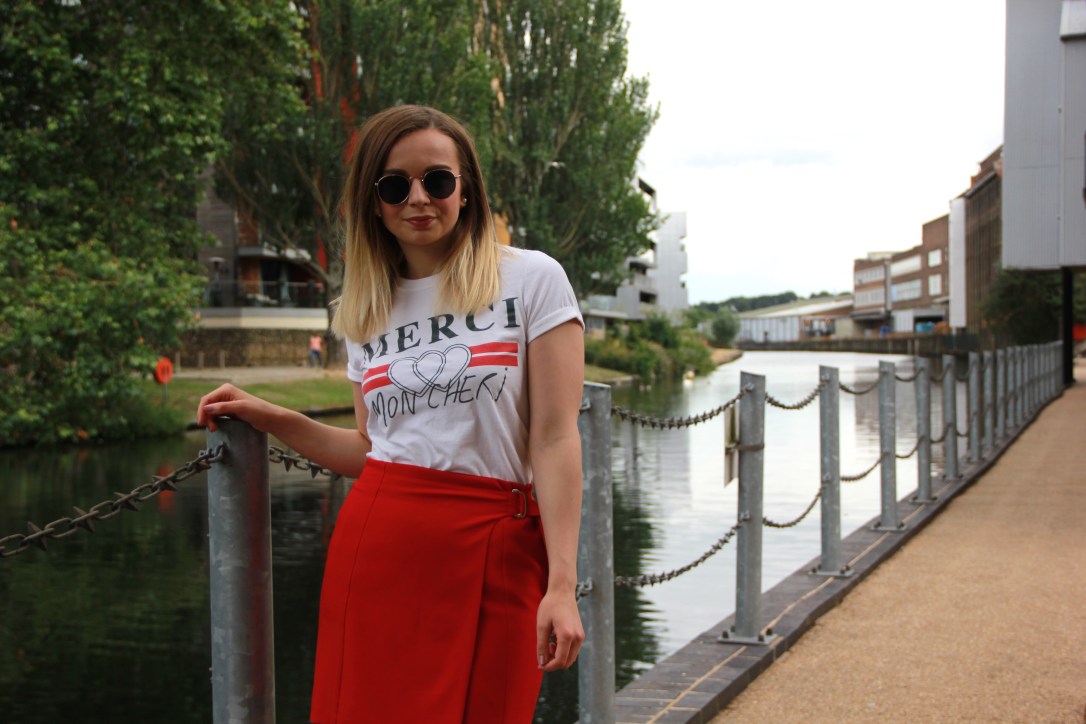 Red skirt and tee
