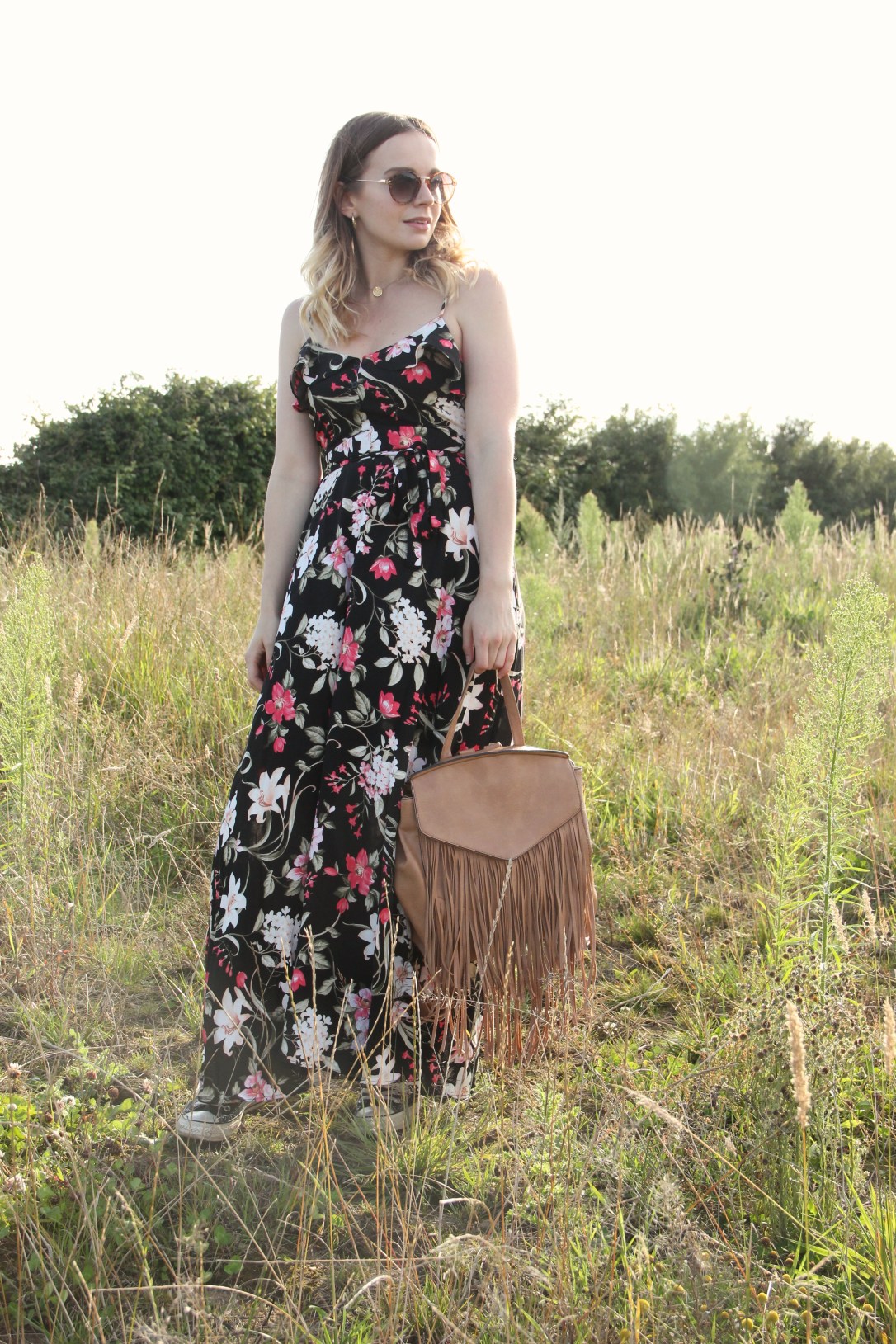 Floral maxi dress and rucksack