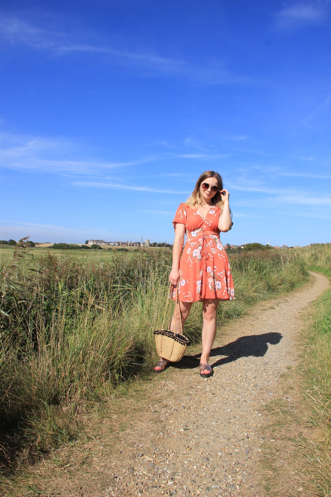 New Look orange floral lace up tea dress
