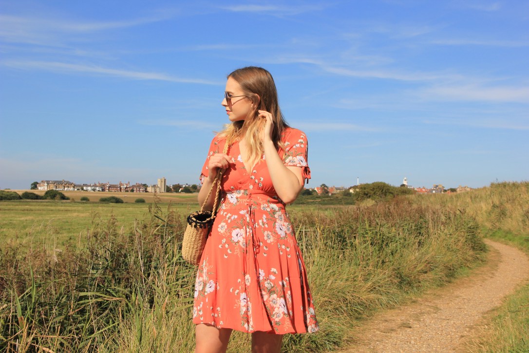 Orange floral corset tea dress