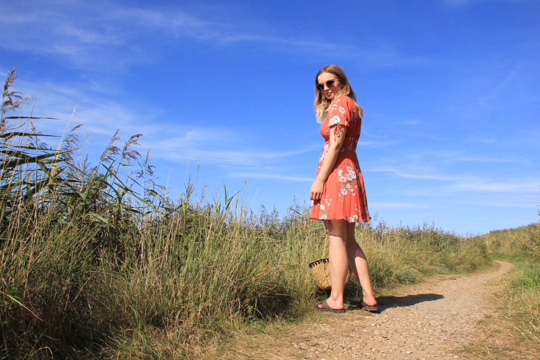 Orange floral tea dress outfit