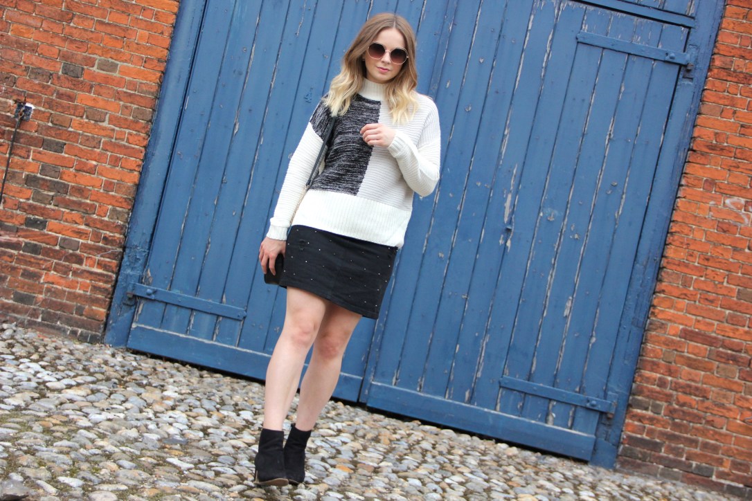 Colour block jumper and skirt autumn