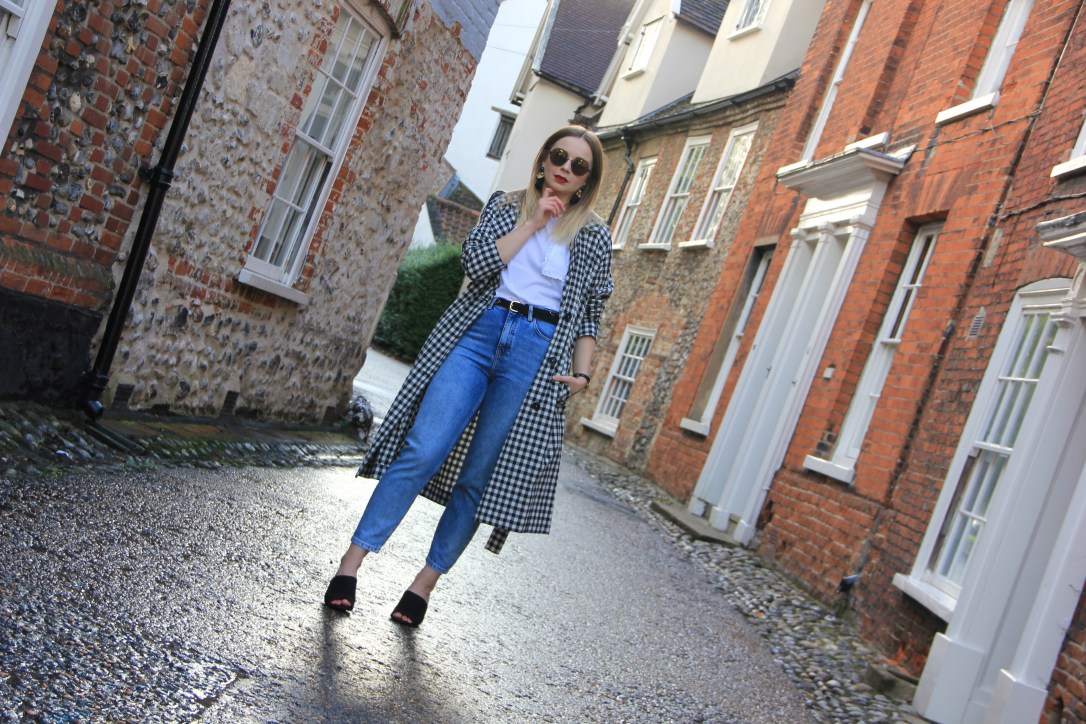 Gingham duster coat and jeans