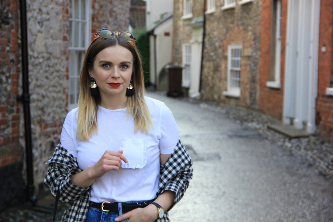 White tee and gingham trench