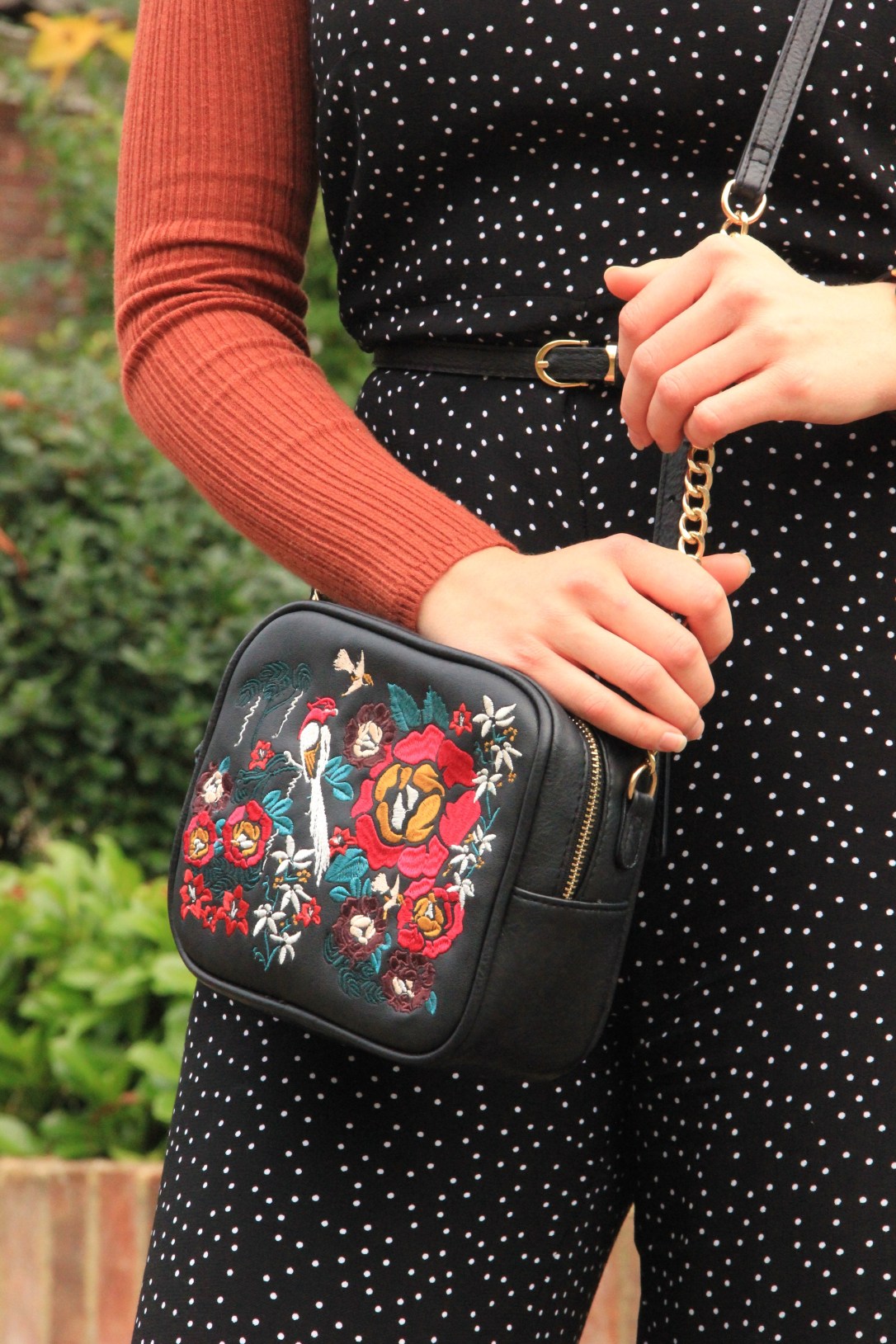 Embroidered cross body bag