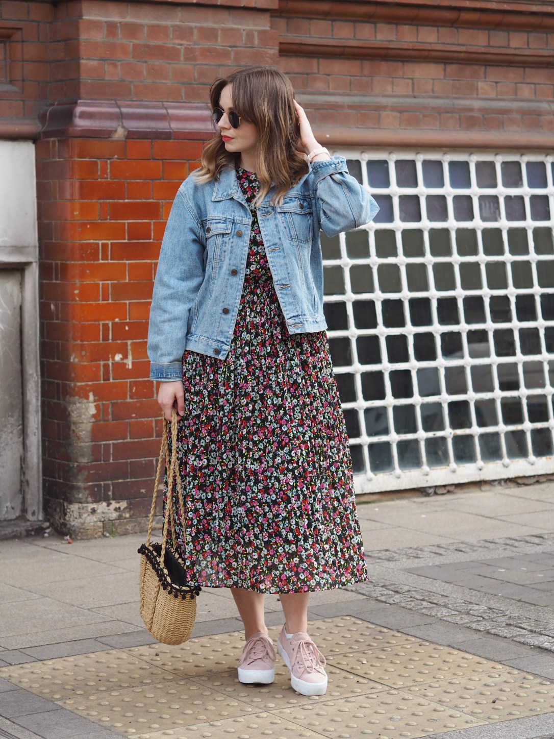 Denim jacket and floral midi dress