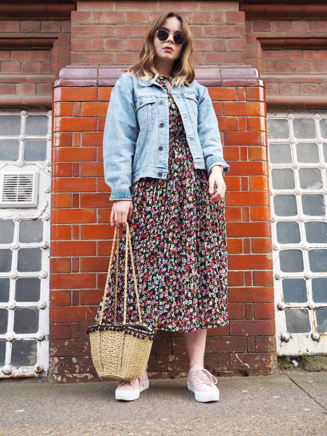 H&M floral midi dress and denim jacket
