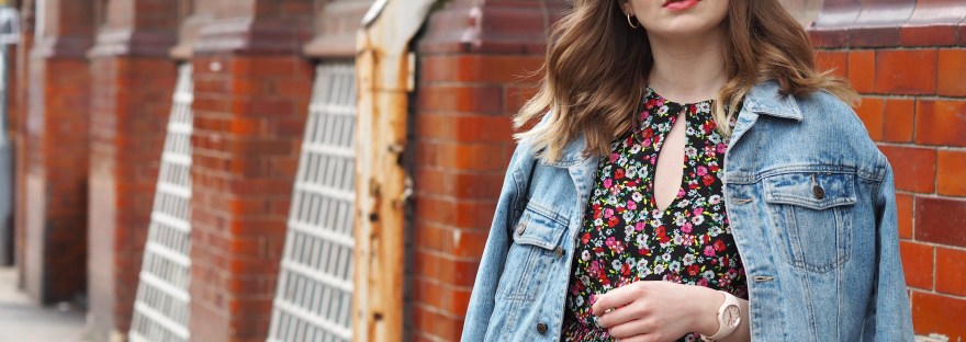 H&M floral midi dress and denim jacket
