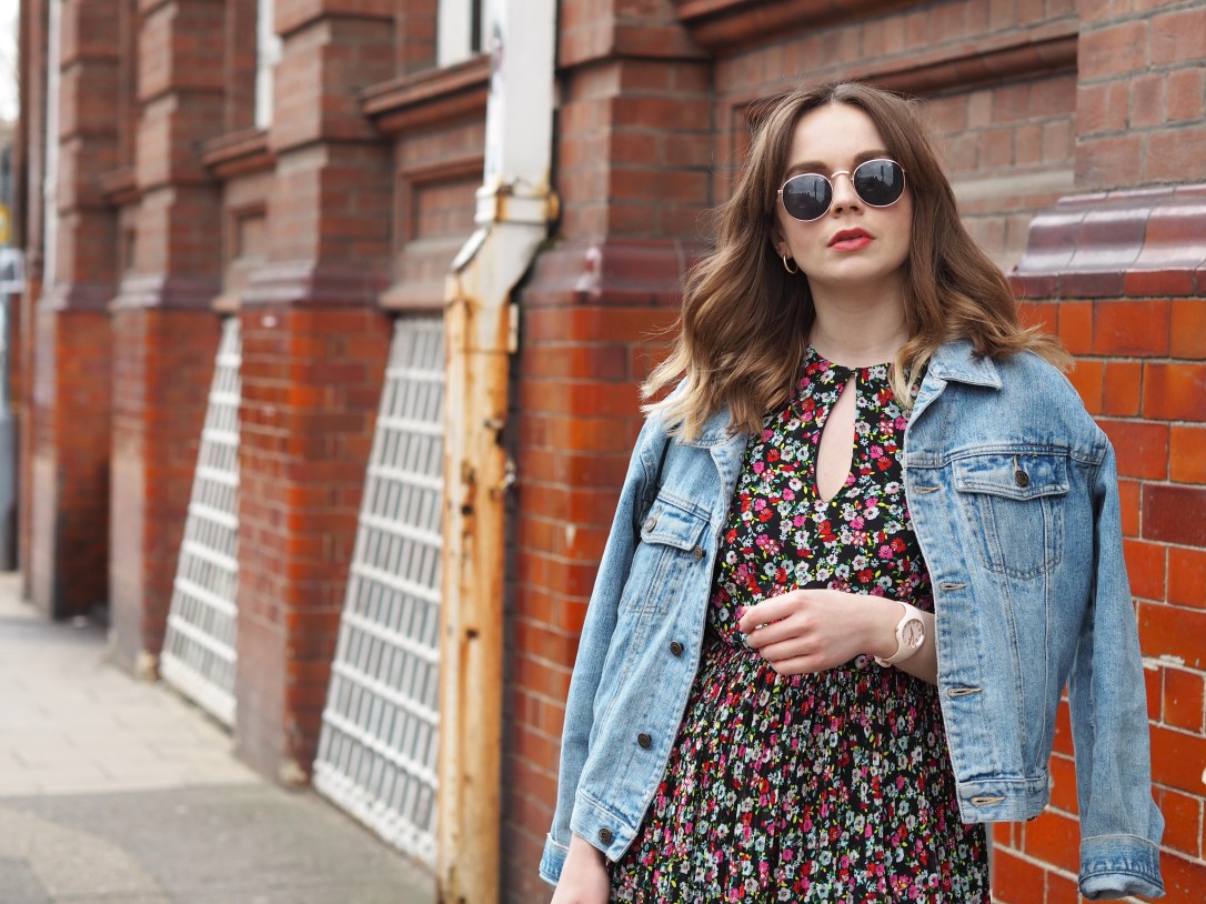 H&M floral midi dress and denim jacket