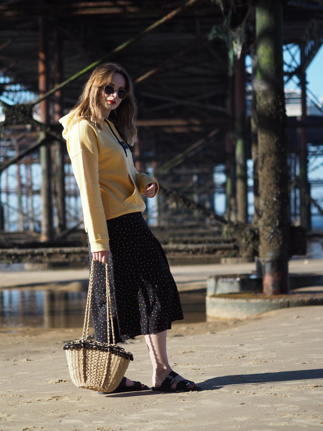 Yellow hoody and midi skirt outfit