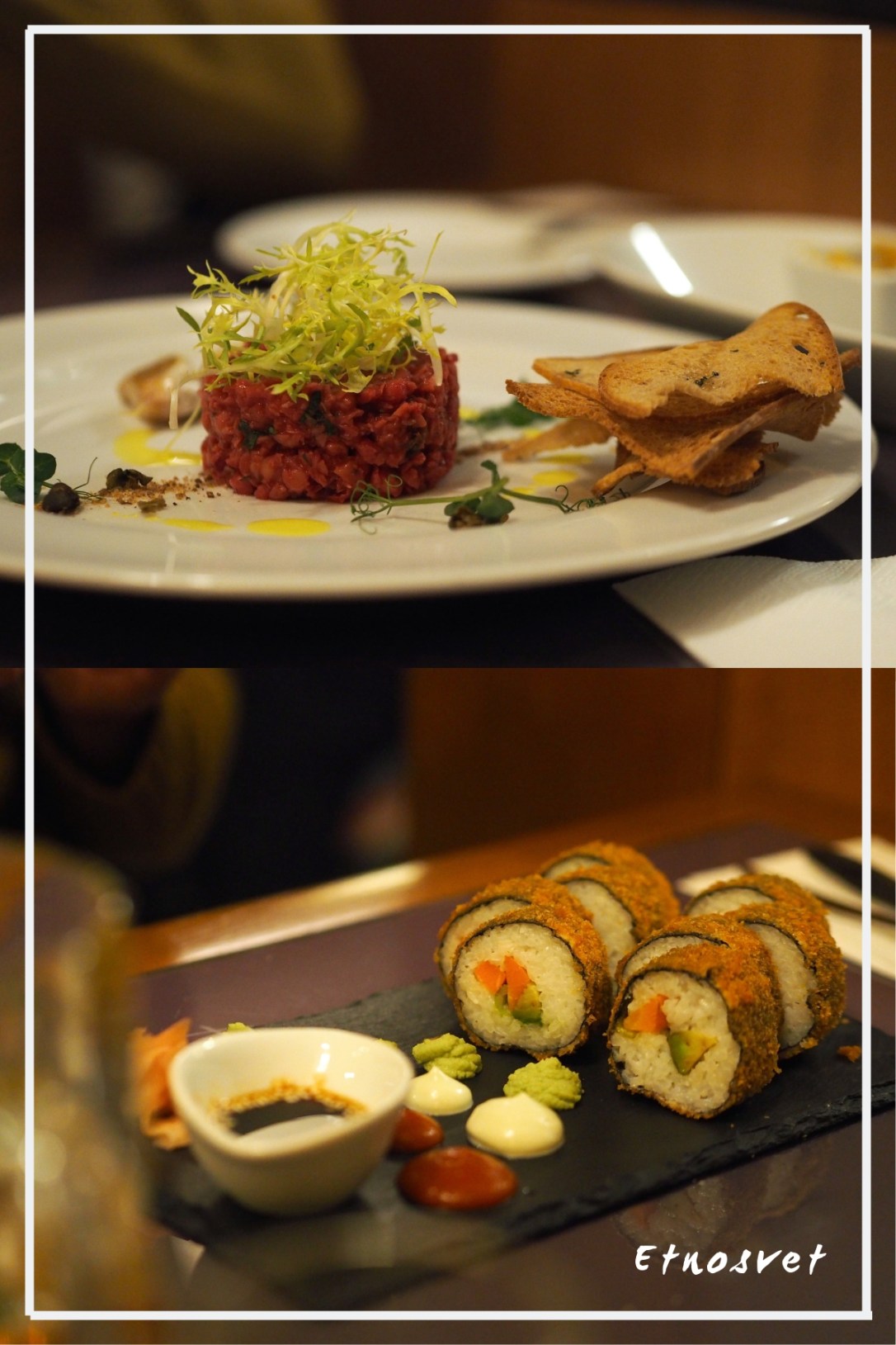 carpaccio and fried sushi at etnosvet vegan restaurant prague