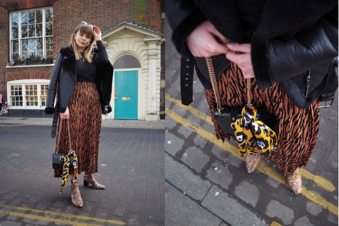 Animal print midi skirt work outfit