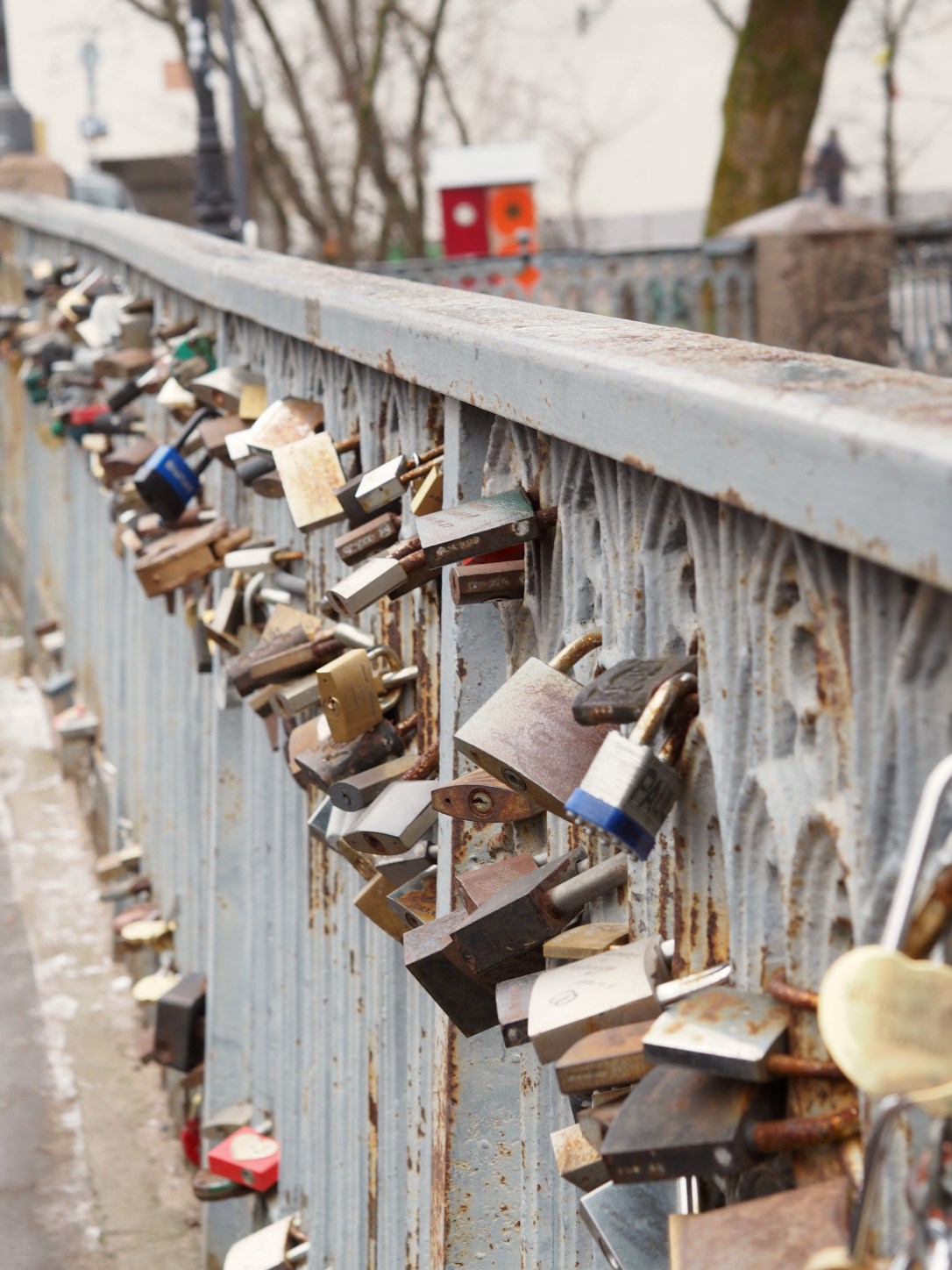 Love locks on a bridge in Vilnius, Lithuania