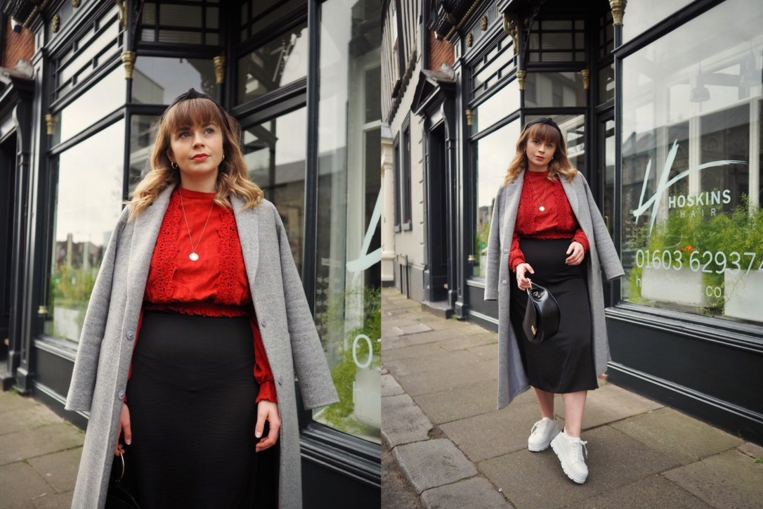 Satin midi skirt work outfit